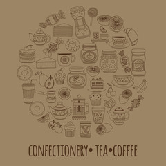 Set of coffee, tea, and food icons Doodle style