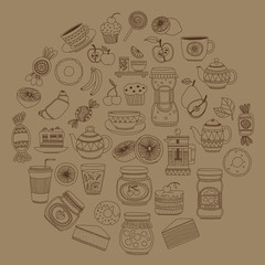 Set of coffee, tea, and food icons Doodle style