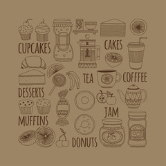 Set of coffee, tea, and food icons Doodle style