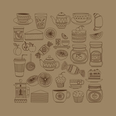 Set of coffee, tea, and food icons Doodle style