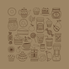 Set of coffee, tea, and food icons Doodle style