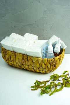 Allergy relief concept, seasonal allergens - birsh pollen, medic