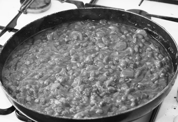 Black and white photo of a vegetarian sauce with soya