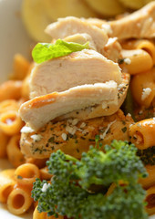 Roast chicken meat on a plate with broccoli