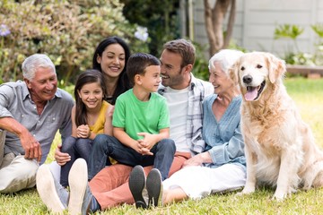 Cheerful extended family sitting in the park