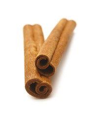 Two sticks of cinnamon on a white background