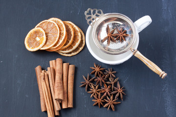 herbal tea with anise star,cinnamon and dired orange