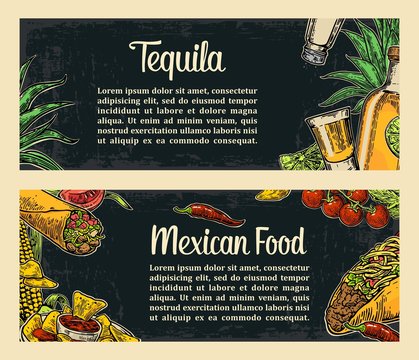 Mexican traditional food restaurant menu template with traditional spicy dish. burrito, tacos, tomato, nachos, tequila, lime. Vector vintage engraved illustration on dark background.  For poster, web.