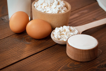 Natural homemade products: milk, cheese, sour cream and eggs on old wooden background with free space for your text