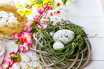 Beautiful Easter background with flowers and nest with eggs on white painted boards