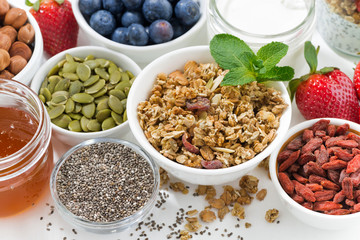 foods for healthy nutrition and fresh berries, top view