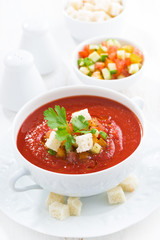 fresh gazpacho in a bowl, vertical