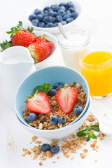 healthy breakfast - granola, fresh berries, orange juice 