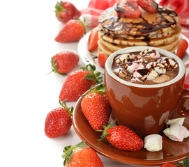 Hot chocolate with marshmallows and strawberries