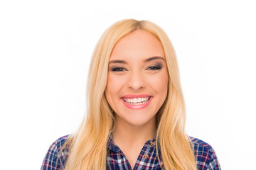 Close up portrait of pretty toothy girl with beaming smile