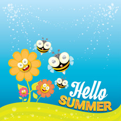vector cartoon summer landscape with Honey bees 