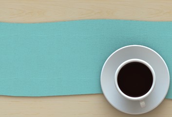 3D rendering coffee cup with blue fabric on wood table