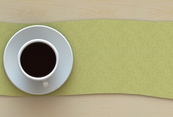 3D rendering coffee cup with yellow fabric on wood table