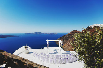 ceremonial arch in island Santorini blue sea and sky background