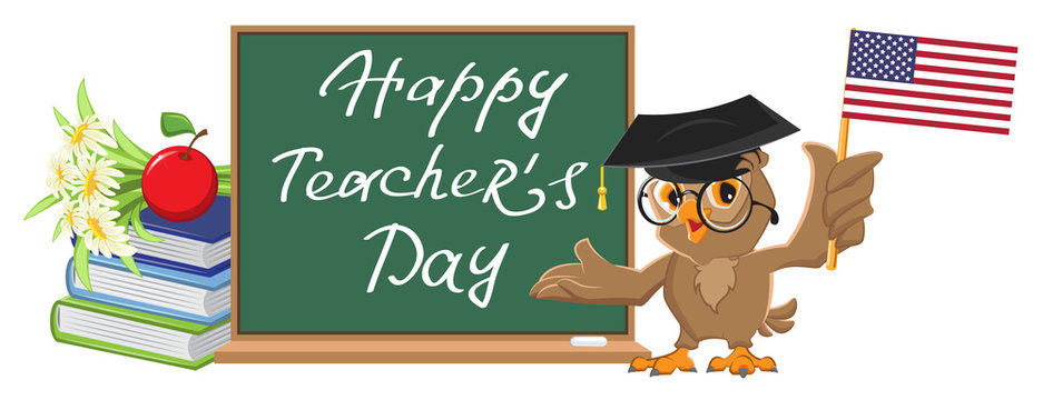 Happy Teachers Day. Owl teacher stands at blackboard