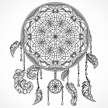 Dream catcher with ornament. Tattoo art. Design concept for banner, card, scrap booking, t-shirt, bag, print, poster.Highly detailed vintage black and white hand drawn vector illustration