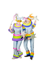 Fancy Dress Party. Two joyful clown with  Futuristic Yellow Glas