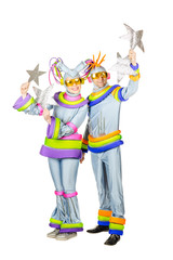 Fancy Dress Party. Two joyful clown with  Futuristic Yellow Glas
