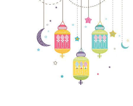 Ramadan Kareem with Lamps, Crescents and Stars. Traditional lantern of Ramadan vector