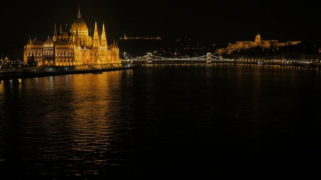 Parliament building in Hungarian capital Budapest from Margit bridge 4K 3840X2160 UltraHD footage - Danube river and parliament building in Budapest by the night 4K 2160p UHD video 