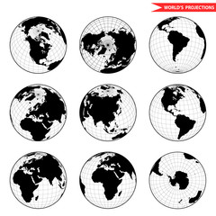 Obraz premium Zestaw różnych hemishpere globu. Widok świata z ikony przestrzeni.