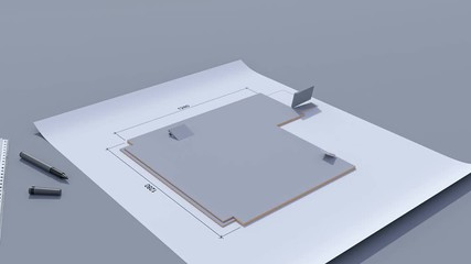 Building a house with a hip roof. Time-lapse 3d animation of house construction - from the blueprints to installation of the roof. Top view. 4K