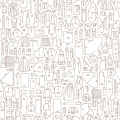 Seamless hand drawn doodle pattern with clothes and sewing patterns. Good for different templates, scrapbooking, package and wrapping paper, etc