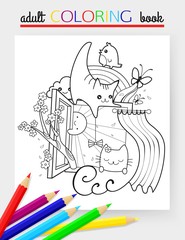 Spring hand drawn doodle vector illustration with two beloved cats, sunshine, butterfly, cherry, rainbow and flowers. Adult coloring book. Cheerful kitten. Vector illustration.