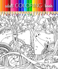 Adult coloring page with forest, fox, owl, rabbit, butterfly, trees, flowers. Fairy forest. Book template. Book design. Vector illustration.