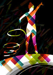 Dancing carnival woman with ribbon silhouette in abstract circus