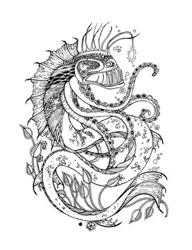 Angler fish tattoo. Sea monster tattoo. Adult Coloring Page with sea monster. Sea monster vector. Sea monster isolated. Sea monster cartoon. Sea monster design. Angler fish vector.