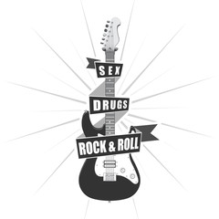 Black and white electric guitar with ribbon.  Rock and Roll poster.