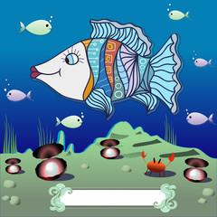 Cartoon fish in the depths of the ocean. Vector illustration.