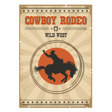 Cowboy horse rodeo poster.Western vintage illustration with text