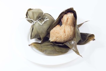 Zongzi or sticky rice dumpling (Chinese Rice Dumplings food) on white background