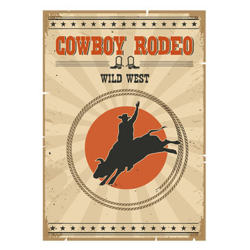 Cowboy wild bull rodeo poster.Western vintage illustration with