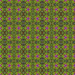 Seamless pattern in green and purple and various shapes. A digital painting, a handmade image using digital brushes and blending modes on virtual canvas. 