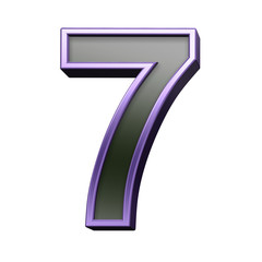 One digit from black with violet shiny frame alphabet set, isolated on white. 3D illustration.