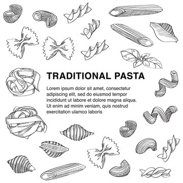 Traditional pasta sketch with copy space in the centre of composition is great design element for italian restaurants and pasta restaurants. 