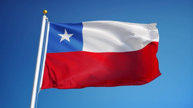 Chile flag waving in slow motion against clean blue sky, seamlessly looped, close up, isolated on alpha channel with black and white luminance matte, perfect for film, news, digital composition