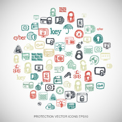 Privacy Multicolor doodles Hand Drawn Security Icons set on White. EPS10 vector illustration.