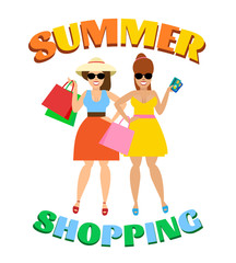 summer shopping sale concept illustration.shopping women in summer dress with shopping bags and credit cards isolated on white background