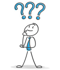 3d Strichmännchen als Geschäftsmann ist sehr nachdenklich.Fragen über Fragen, jetzt bilden sich schon Fragezeichen..Wie, wo, was, warum fragt sich das Strichmännchen.