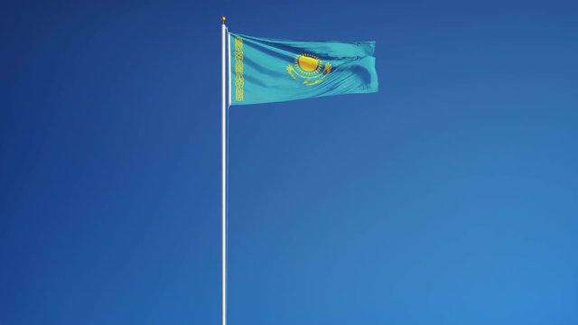 Kazakhstan flag waving in slow motion against clean blue sky, seamlessly looped, long shot, isolated on alpha channel with black and white luminance matte, perfect for film, news, digital composition