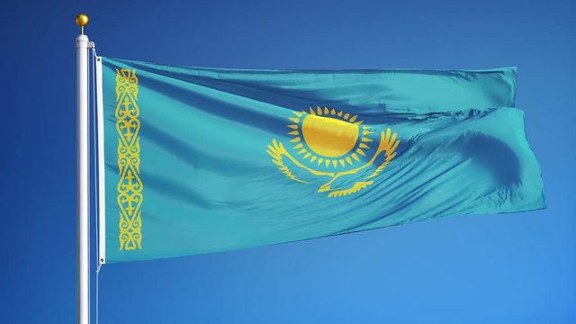 Kazakhstan flag waving in slow motion against clean blue sky, seamlessly looped, close up, isolated on alpha channel with black and white luminance matte, perfect for film, news, digital composition